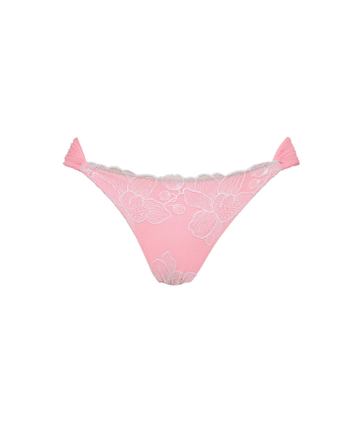 Pitaya Fanned Bottom low-rise pink bikini bottom with fanned sides and floral texture