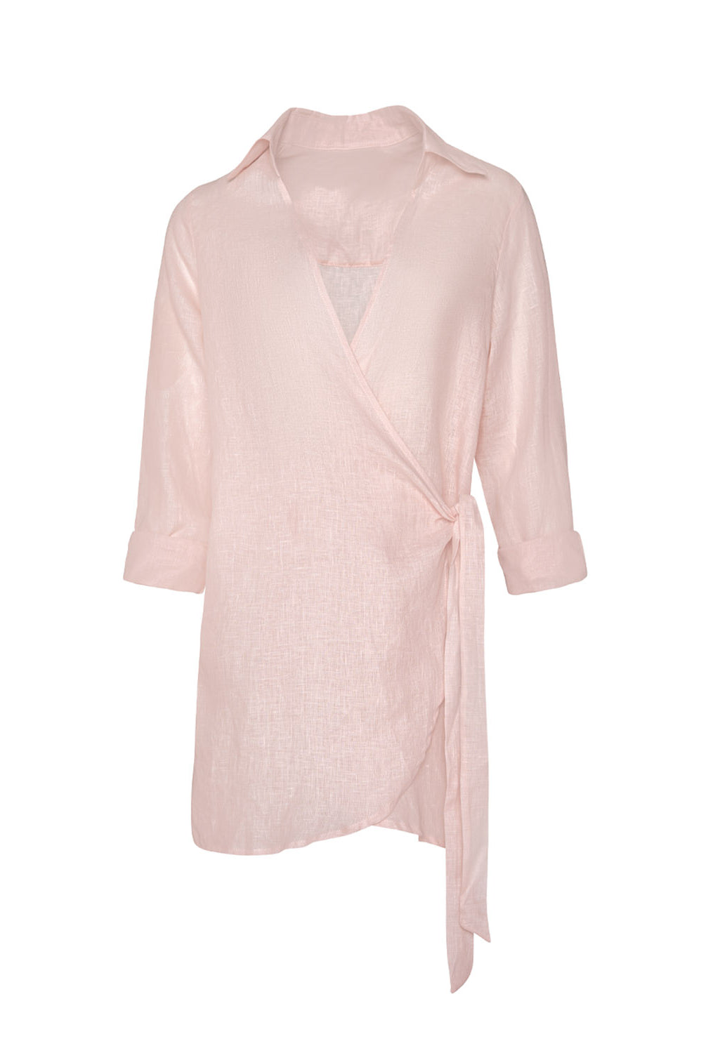 Pitaya Lily Cover Up pastel pink linen cover up with collar, side tie, and airy beach-ready fit