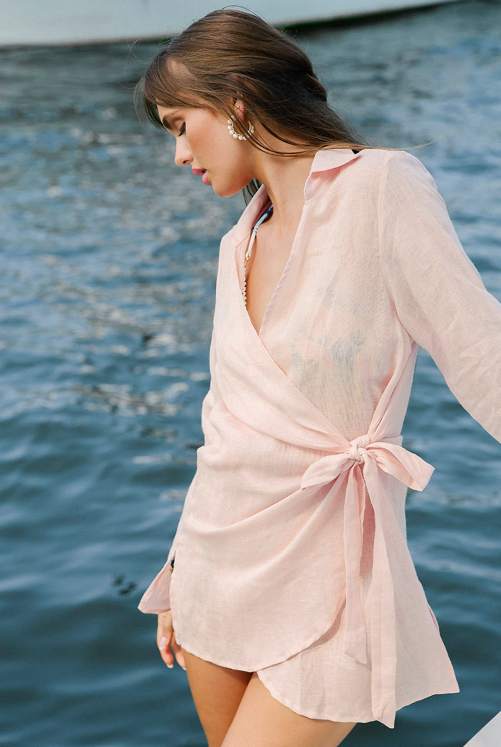 Pitaya Lily Cover Up pastel pink linen cover up with collar, side tie, and airy beach-ready fit