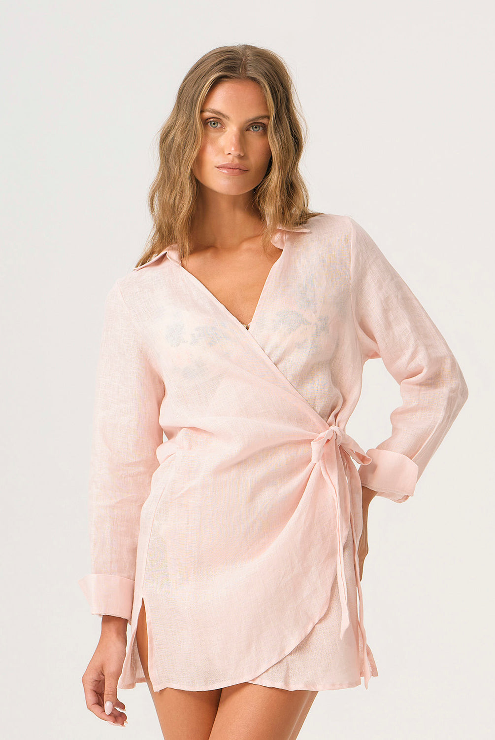 Pitaya Lily Cover Up pastel pink linen cover up with collar, side tie, and airy beach-ready fit