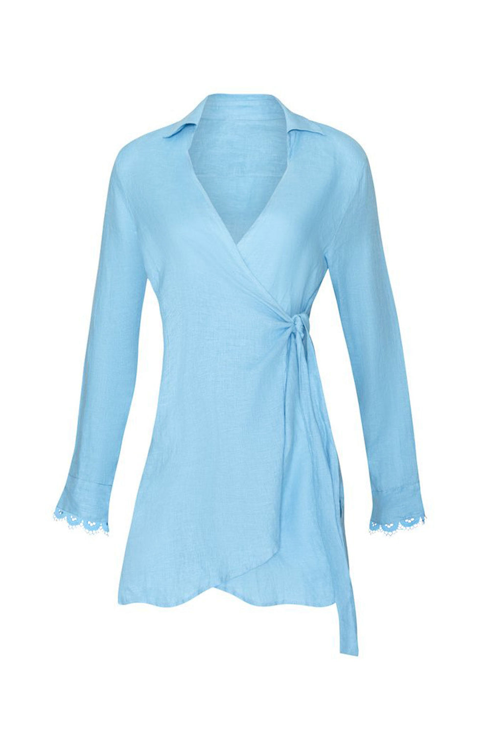 A light blue long-sleeve wrap top with a V-neckline, side tie, and scalloped lace trim at the cuffs, shown against a plain white background.