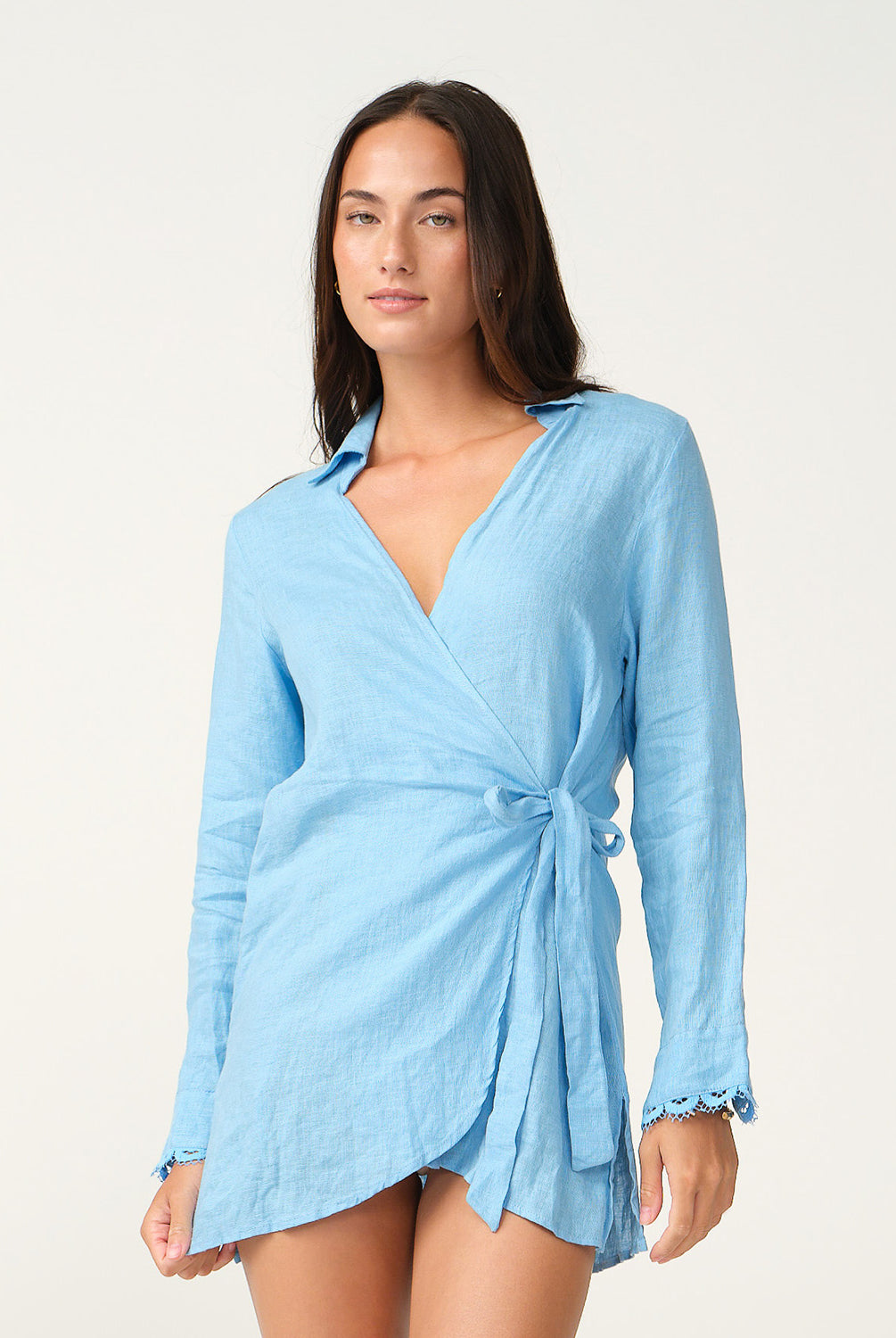 Powder Cloud Lily Cover Up with lace-trimmed sleeves