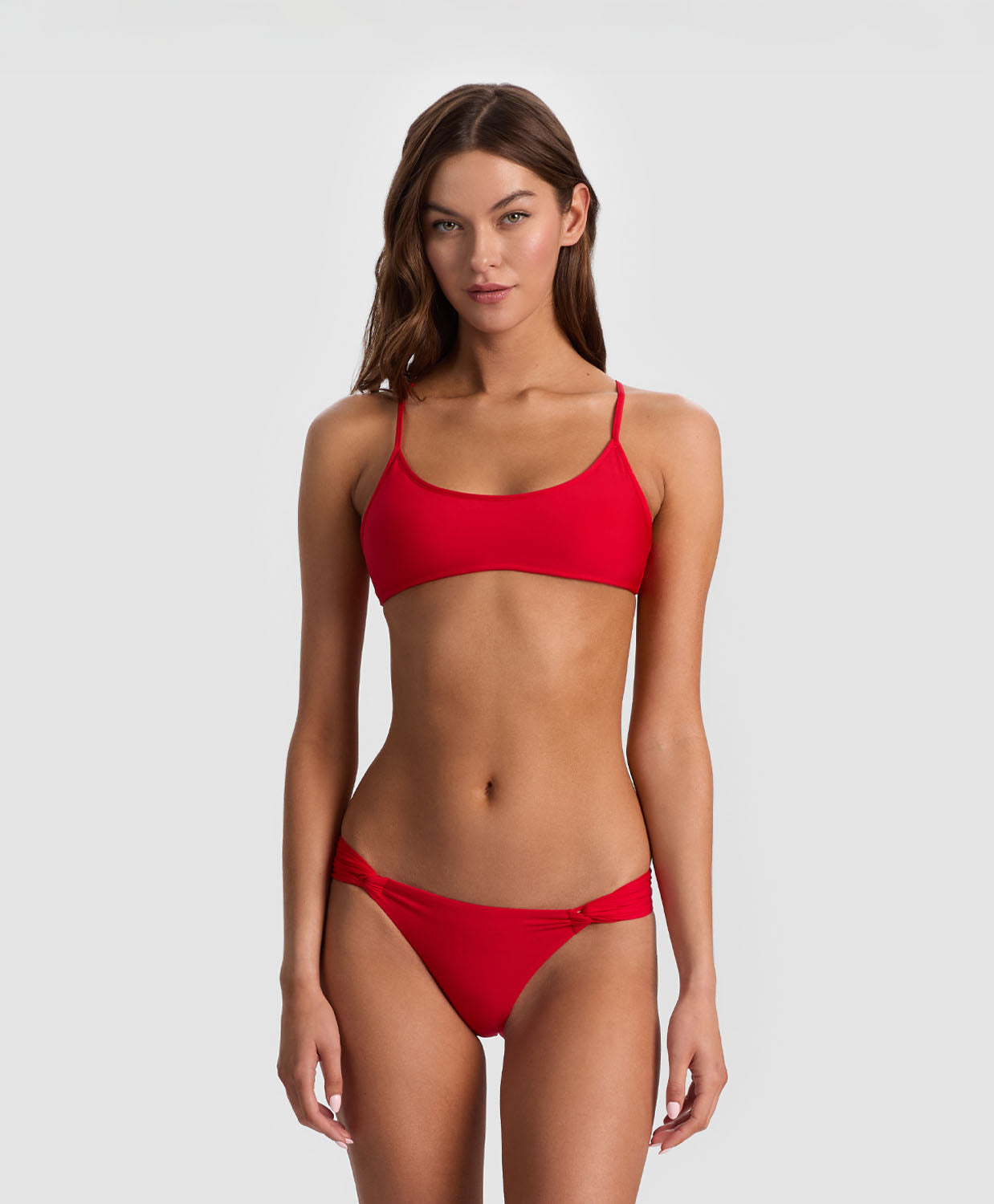 Red Apple Bralette Top sporty bikini top with scoop neck and crisscross straps