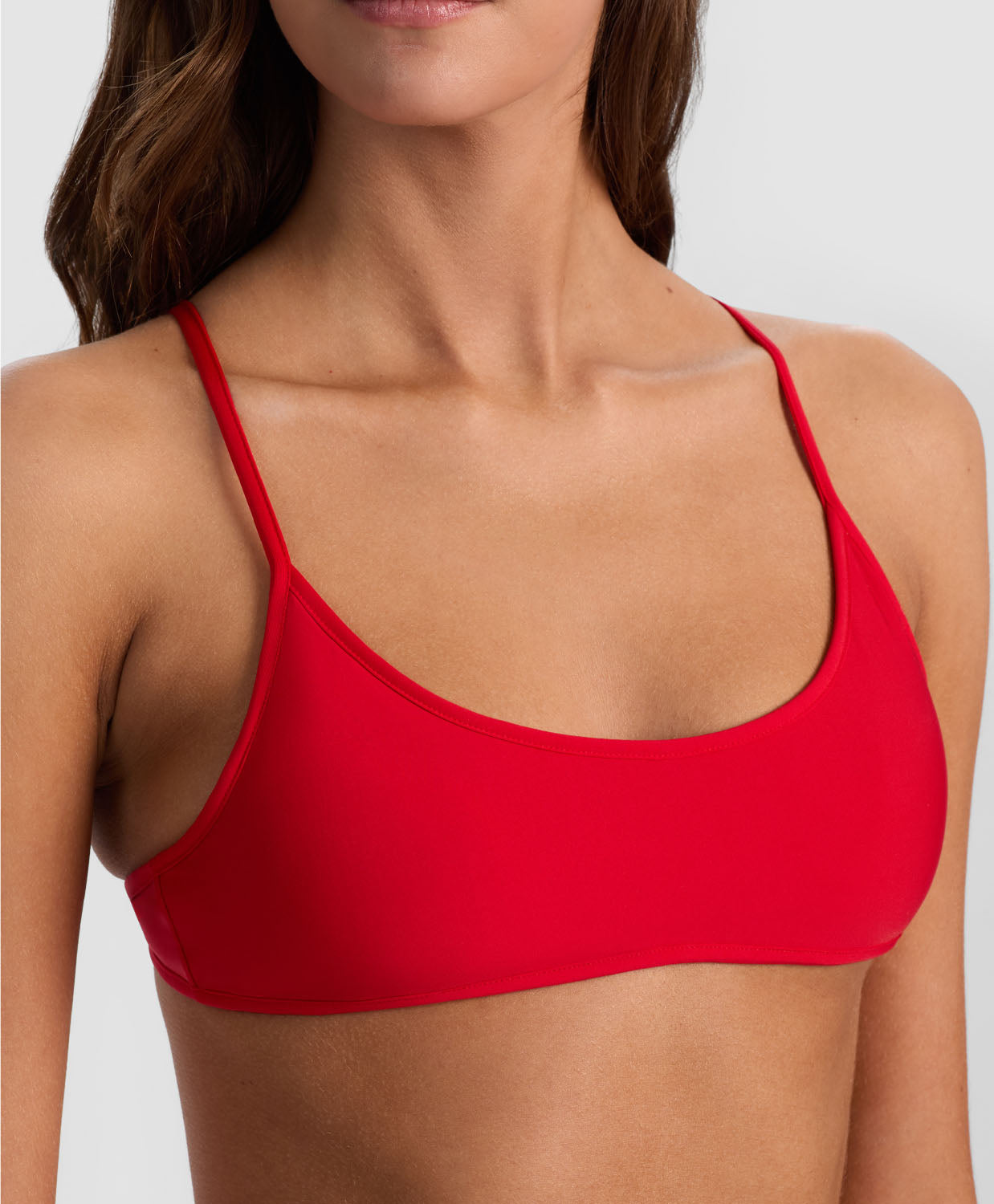 Red Apple Bralette Top sporty bikini top with scoop neck and crisscross straps