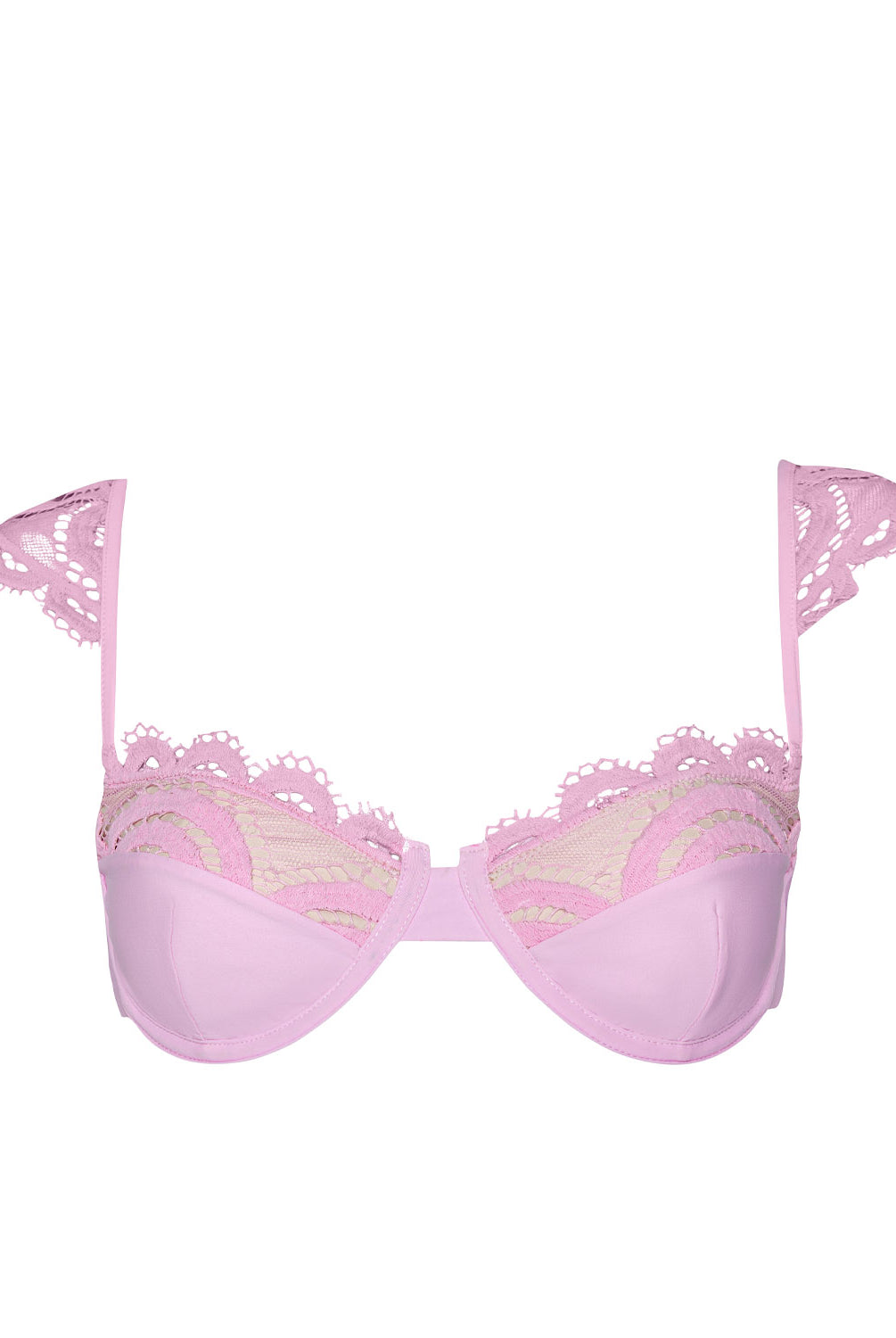 Rosé Gia Lace Underwire Top bikini with pastel pink fabric, lace-trimmed cups, adjustable straps, and tie-back fit.