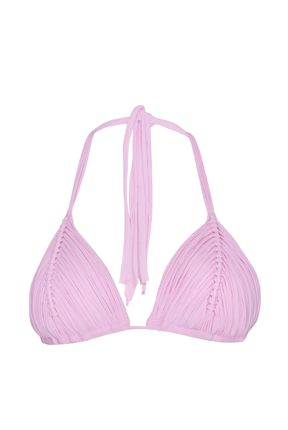 Rosé Isla Triangle Top bikini with blush-pink tone, handwoven macramé detailing, and adjustable tie straps.