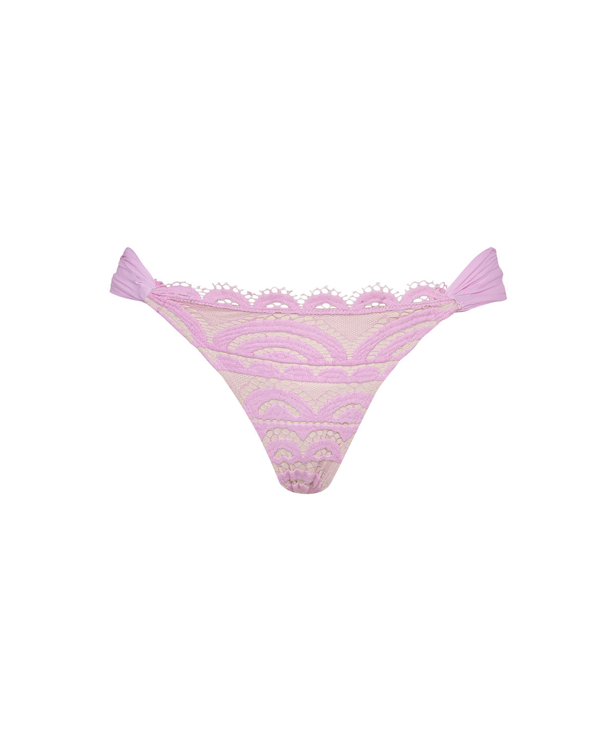 Rosé Lace Fanned Bottom bikini bottom in pastel pink with hand-cut lace and subtle back ruching for a flattering fit.