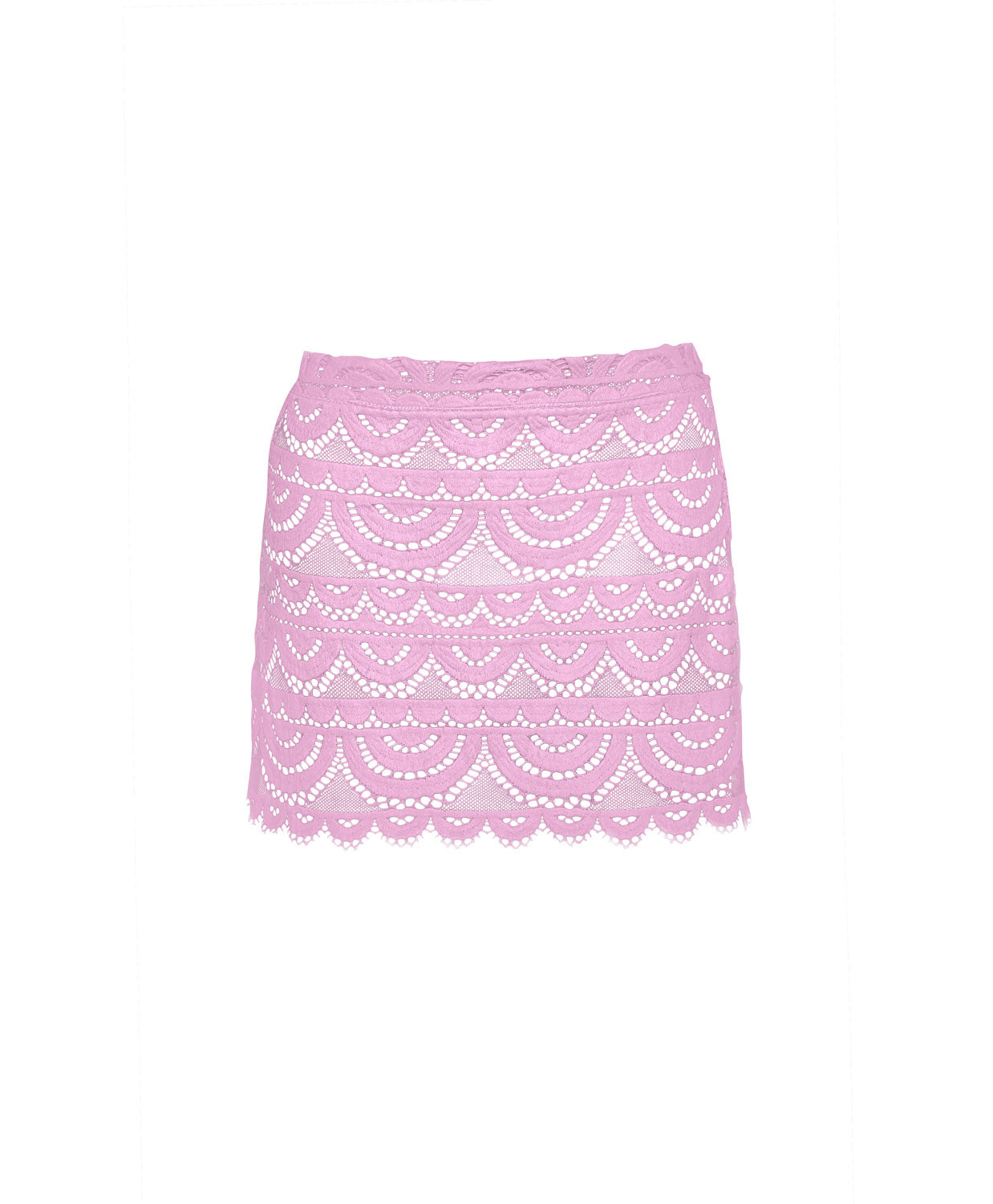 Rosé Lace Maycee Skirt mini skirt in pastel pink with hand-cut lace detailing and scalloped hem.