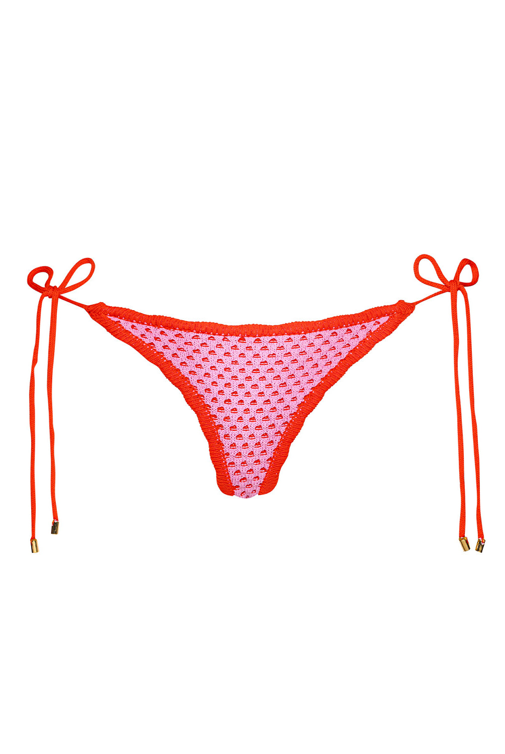 Rosé Tia Crochet Tie Side Bottom with soft pink crochet, red color-blocked trim, adjustable side ties, and a flattering low-rise fit.