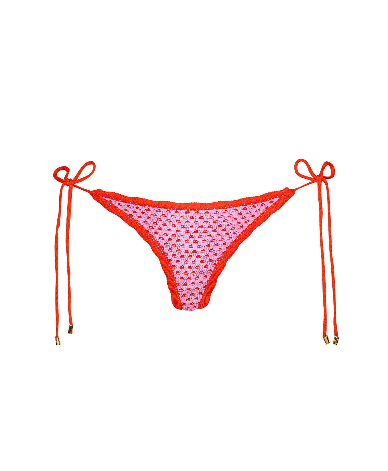 Rosé Tia Crochet Tie Side Bottom with soft pink crochet, red color-blocked trim, adjustable side ties, and a flattering low-rise fit.