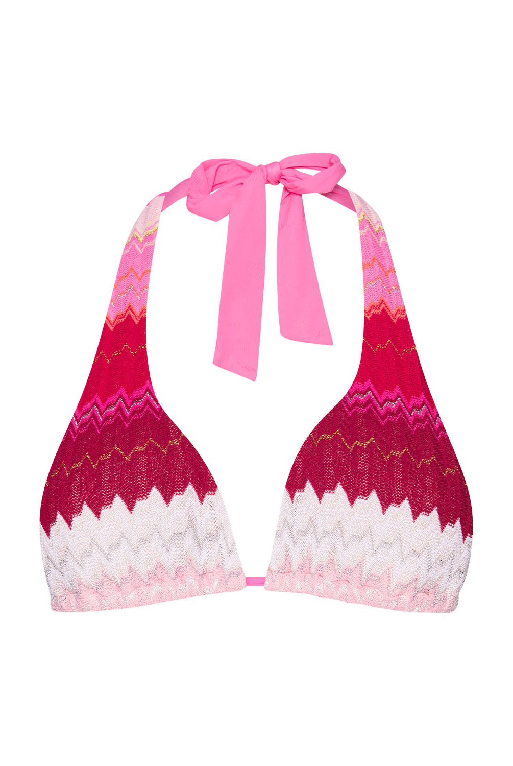 Scarlet Eleanor halter bikini top in vibrant pink, red, and white chevron with shimmering gold lurex, featuring an adjustable tie-neck design