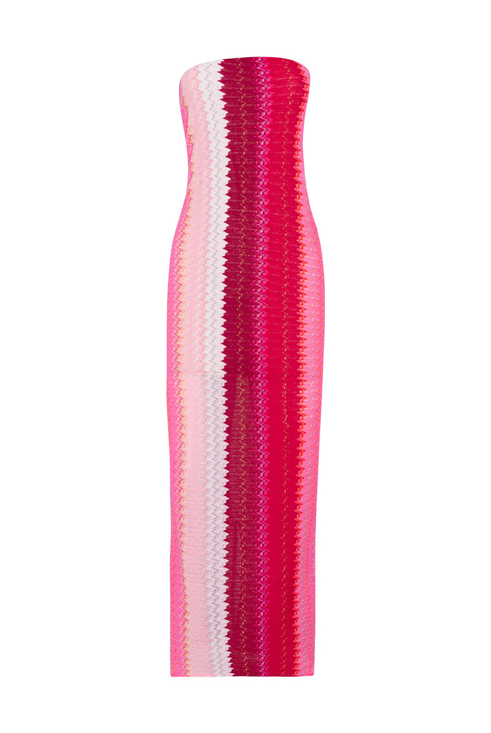 Scarlet Jane strapless dress with vibrant pink, red, and white chevron pattern and gold lurex shimmer, featuring a back slit.