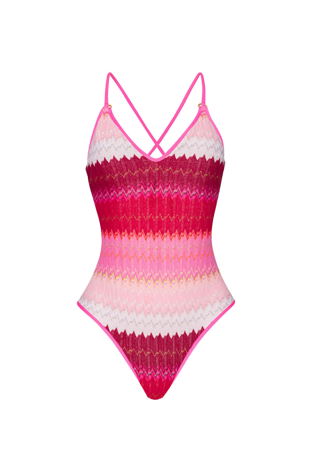 Pink, red, and white chevron Scarlet Margot One Piece swimsuit with crisscross straps and gold details.