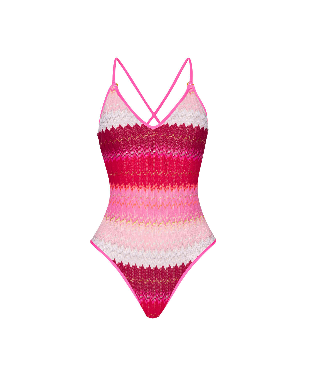 Pink, red, and white chevron Scarlet Margot One Piece swimsuit with crisscross straps and gold details.