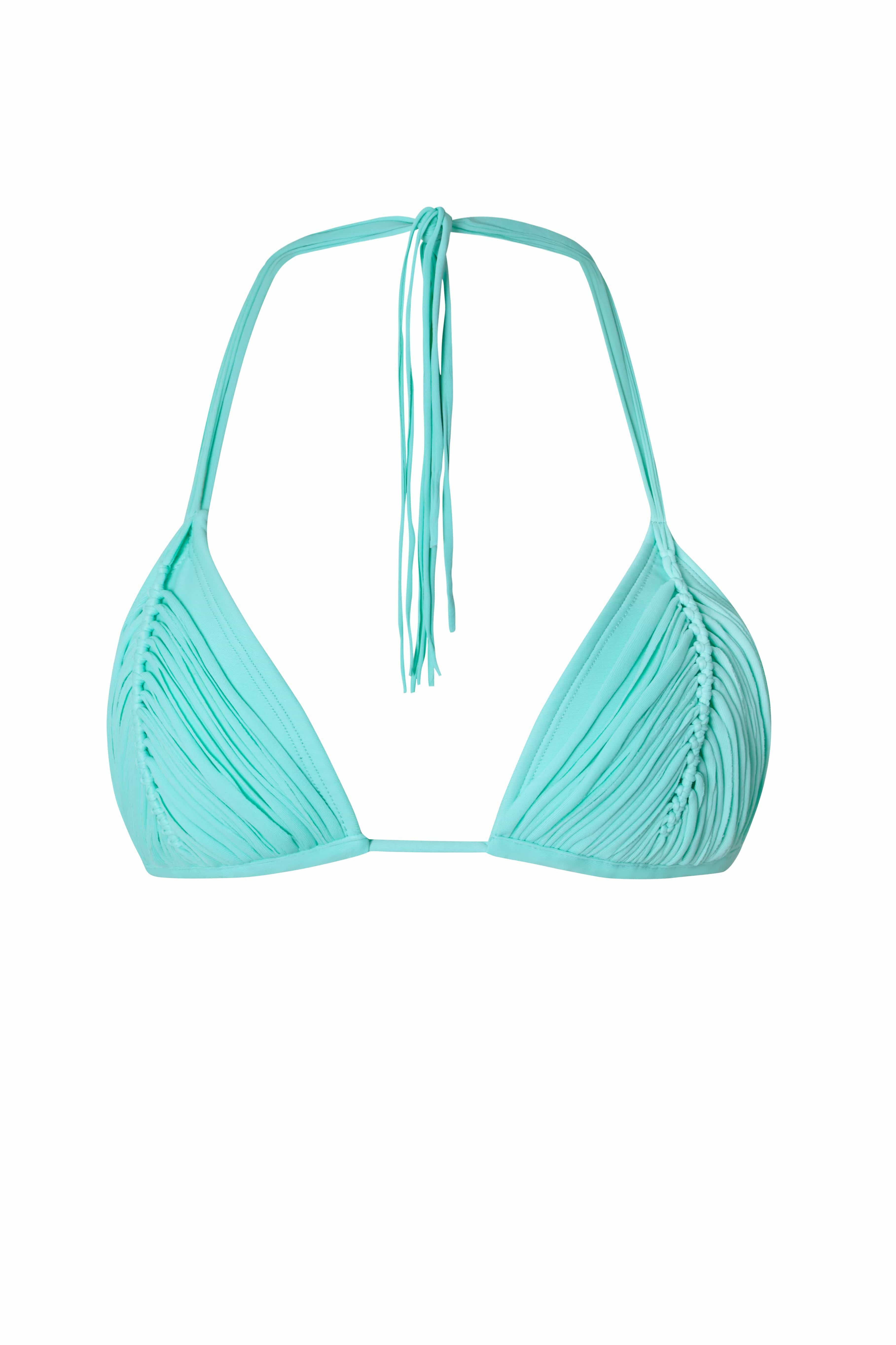 A blue triangle bikini top against a white wall background.