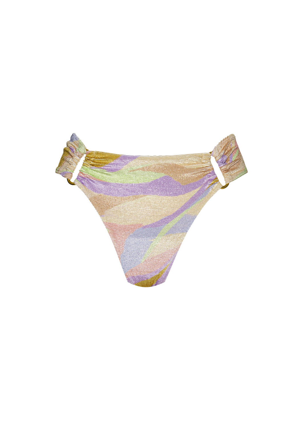 Sorrento Detail Fanned Bottom bikini bottom with shimmering multicolor fabric, gold embellishments, and a flattering mid-rise fit.