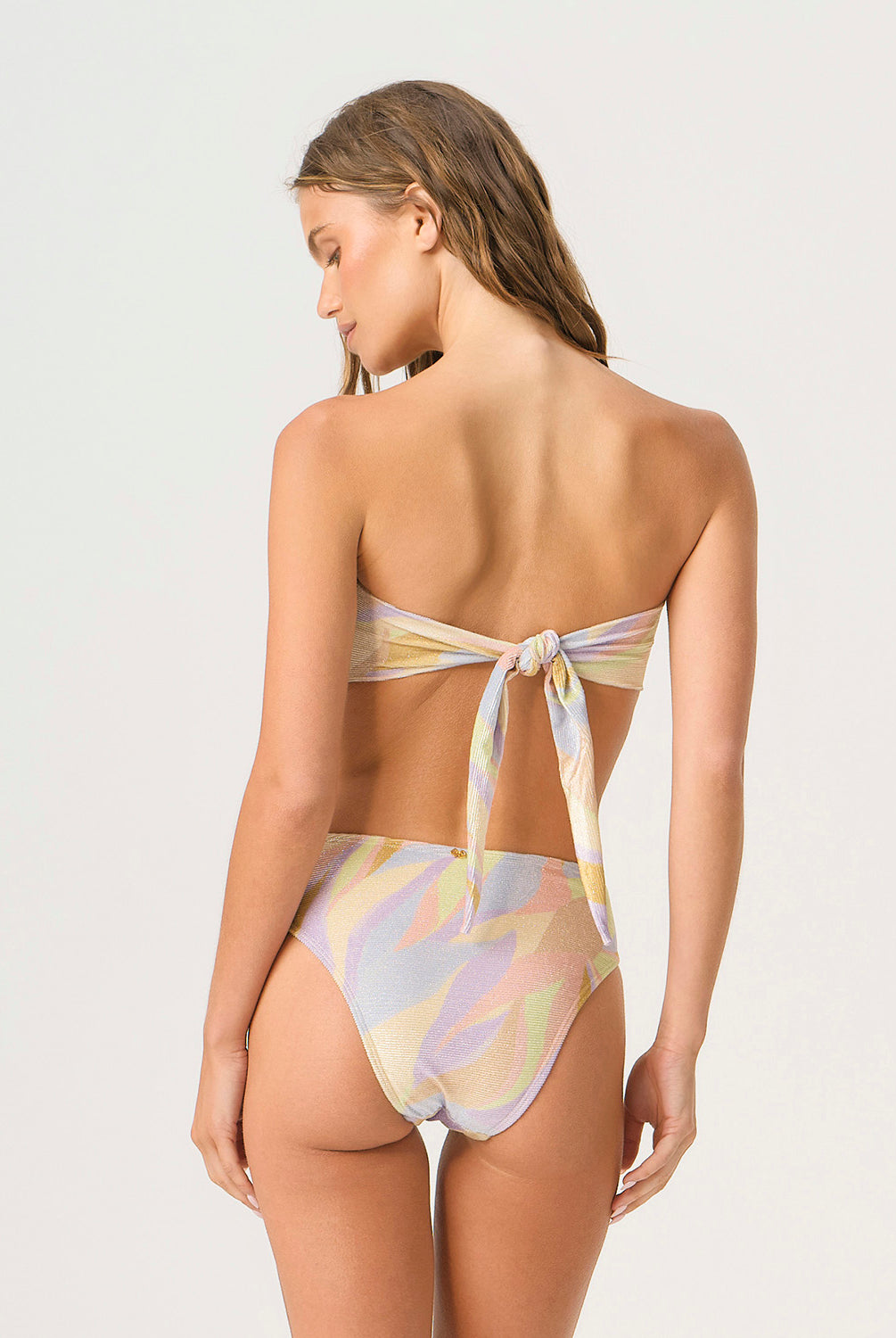 Sorrento Detail Fanned Bottom bikini bottom with shimmering multicolor fabric, gold embellishments, and a flattering mid-rise fit.
