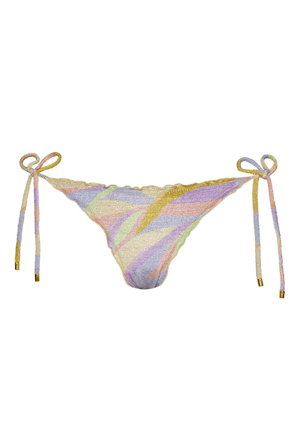 Sorrento Embroidered Lettuce Edge Tie Side Bottom with shimmering multicolor fabric, ripple trim, and adjustable side ties.