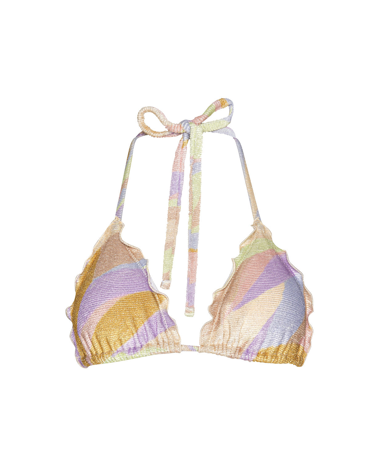 Sorrento Embroidered Lettuce Edge Triangle Top with shimmering multicolor fabric, lettuce-edge trim, and adjustable tie straps.
