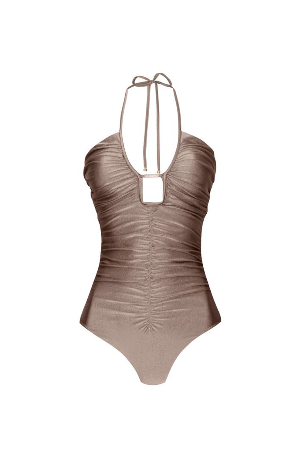 Sunlit Cocoa Alma Cut Out Halter One Piece with ruching and gold-dipped accessory bar