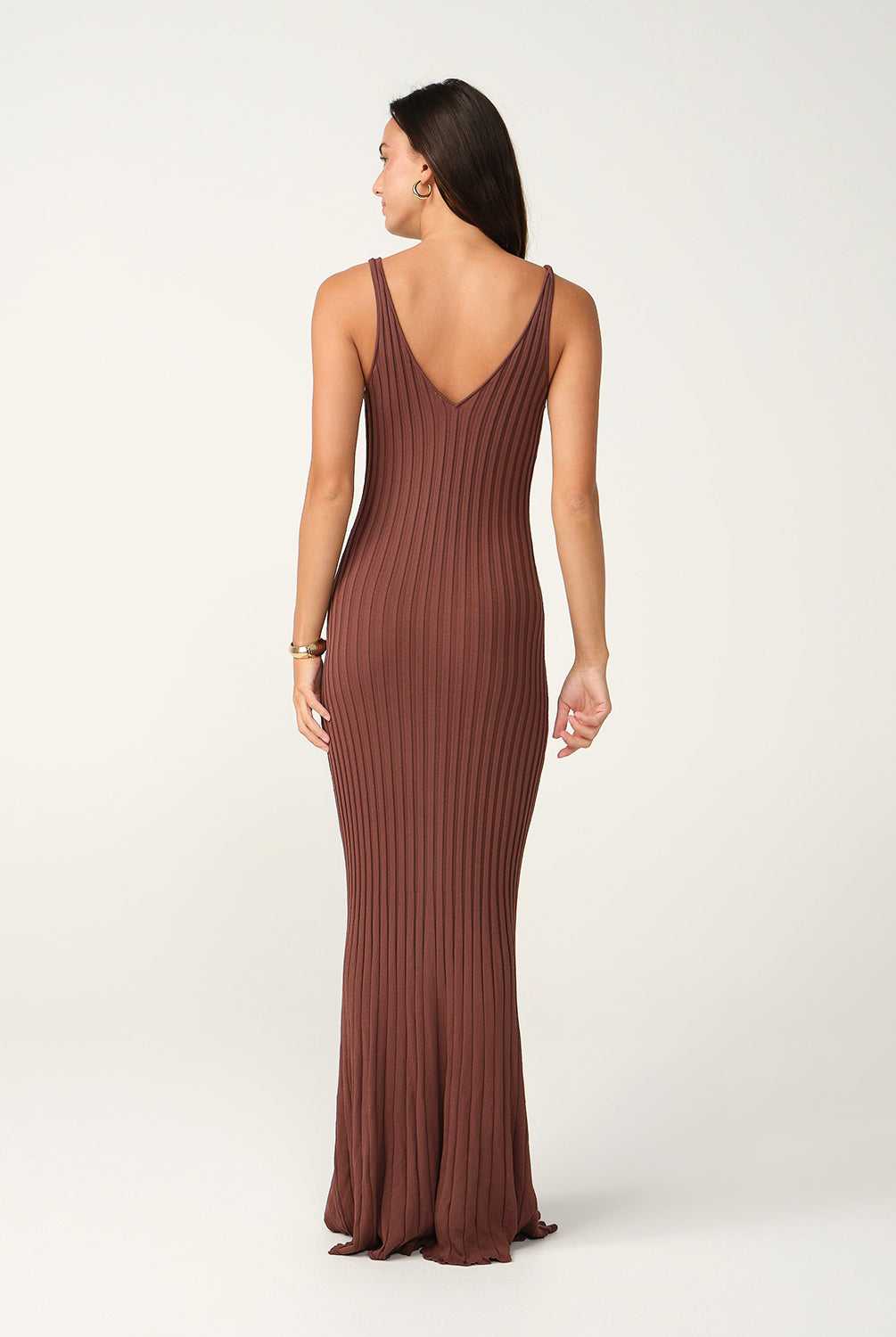 Sunlit Cocoa Autumn Dress in soft ribbed fabric with V-neckline and flared hem