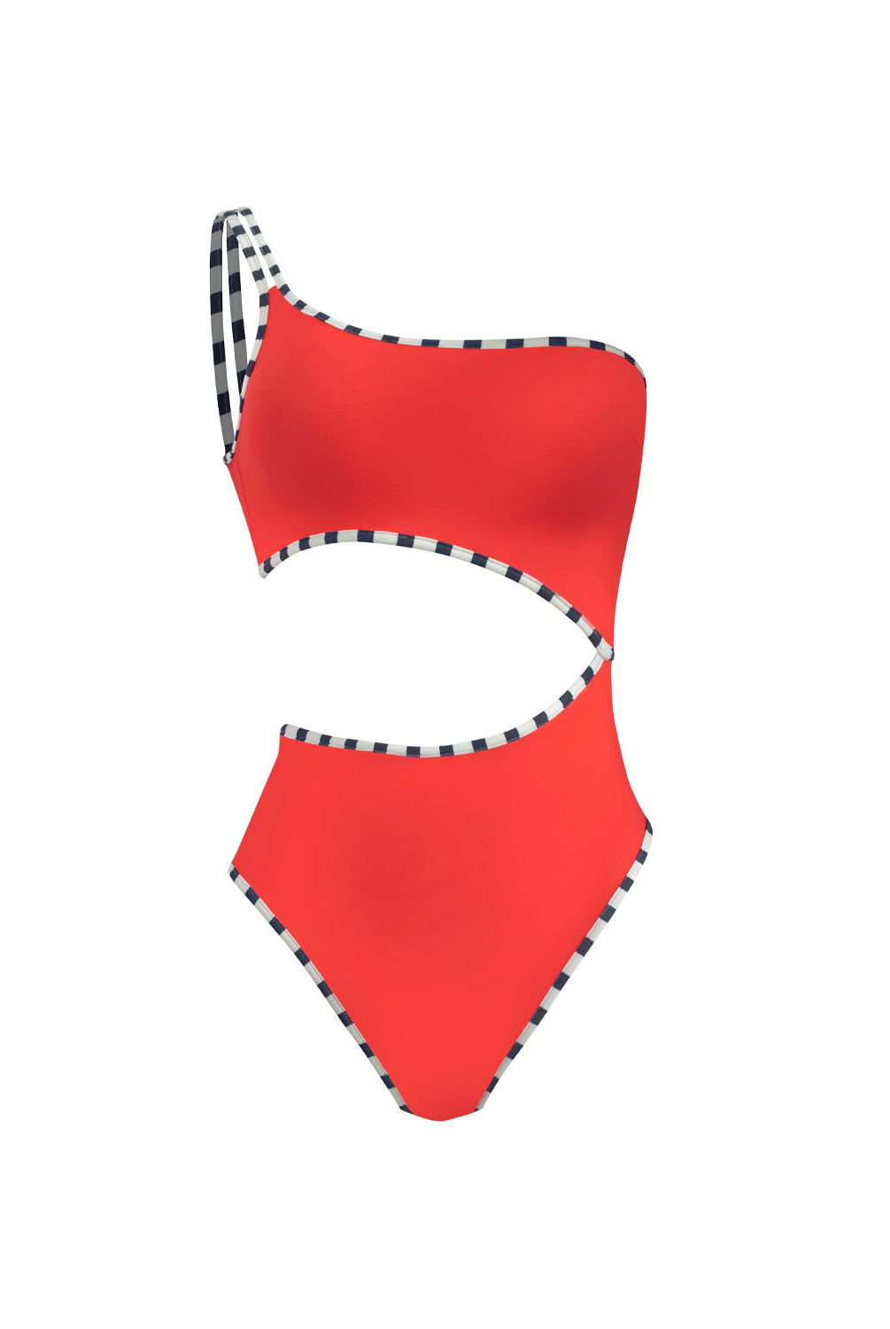 Sunset Waves Elie Asymmetric One Piece in passion red with one-shoulder cutout design and contrast piping