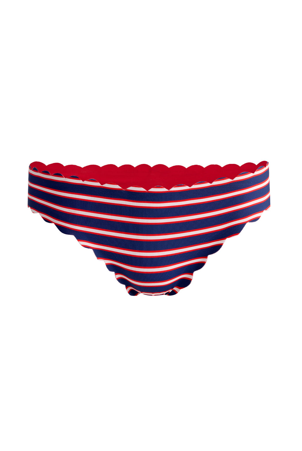 Teakwood Reversible Scalloped Bottom bikini with nautical stripes and red, scalloped trim.