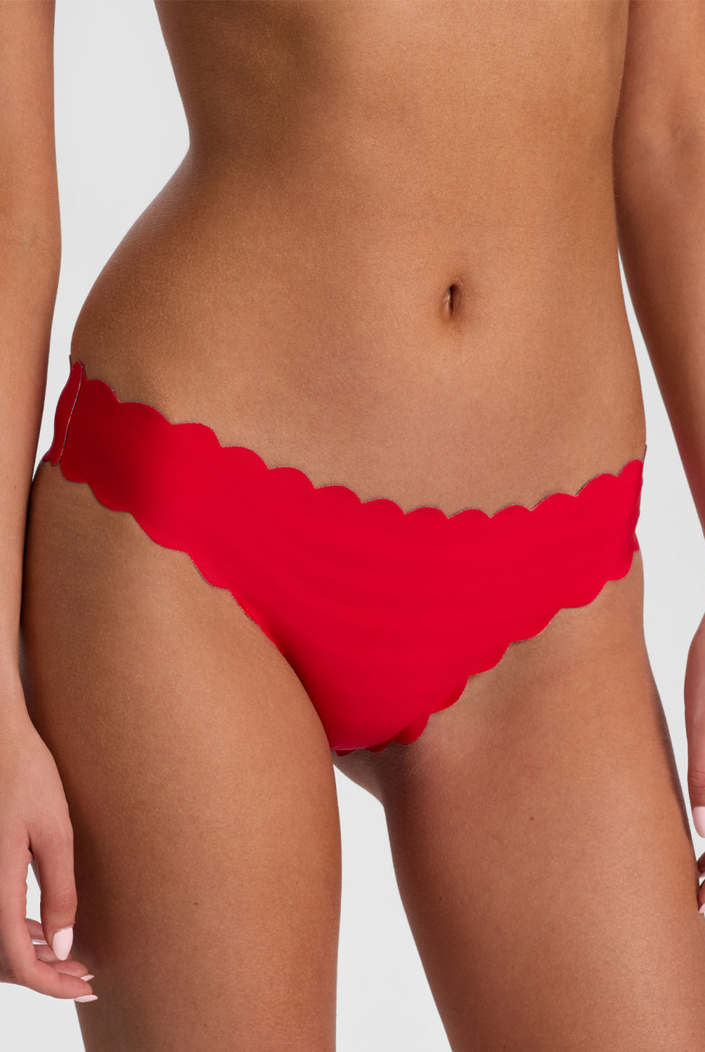 Teakwood Reversible Scalloped Bottom bikini with nautical stripes and red, scalloped trim.