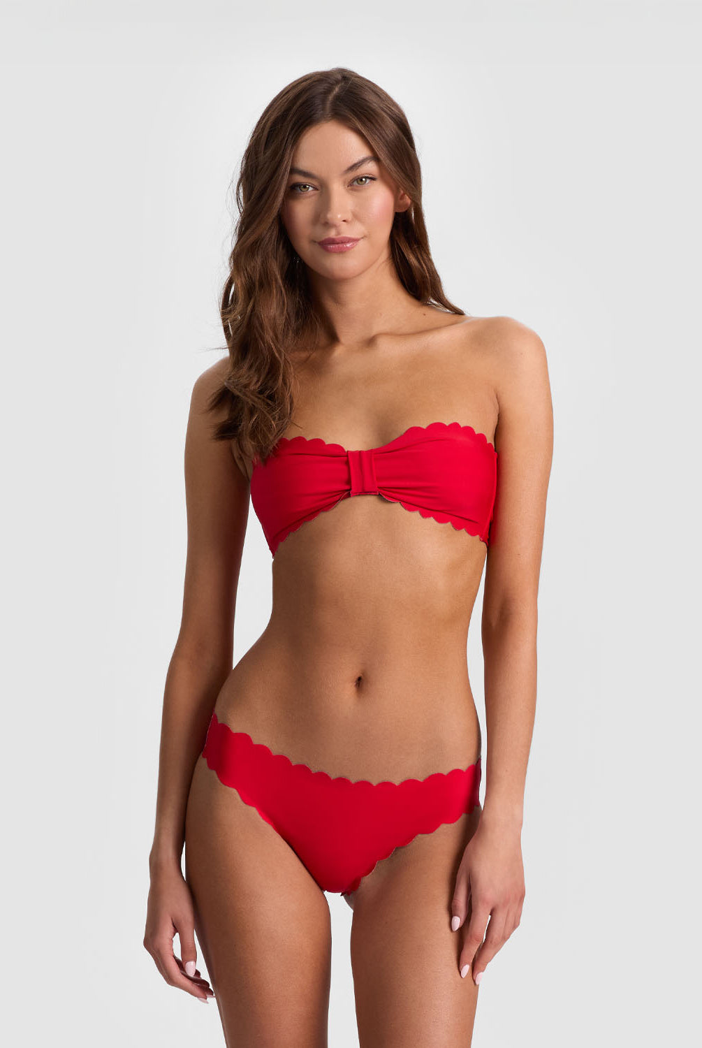 Teakwood Reversible Scalloped Bottom bikini with nautical stripes and red, scalloped trim.