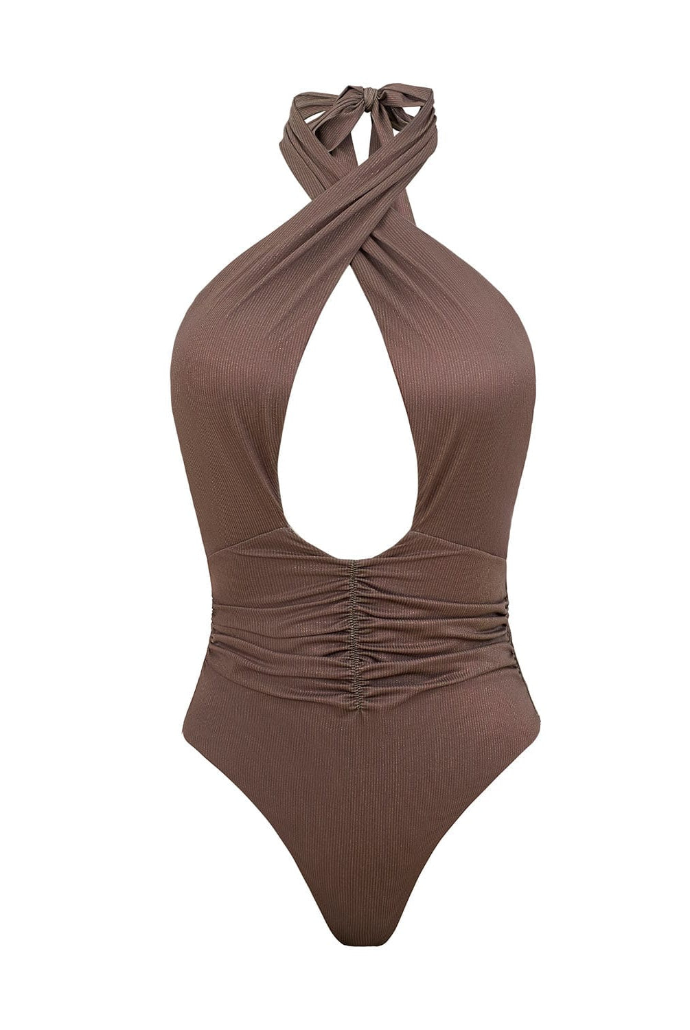 A brown one piece bathing suit against a white wall. 