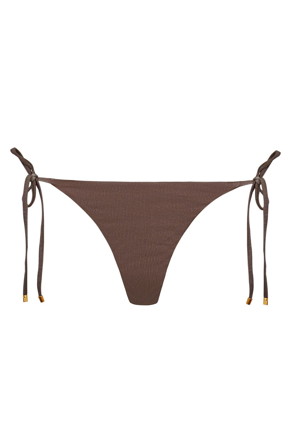 A brown bikini bottom against a white wall.