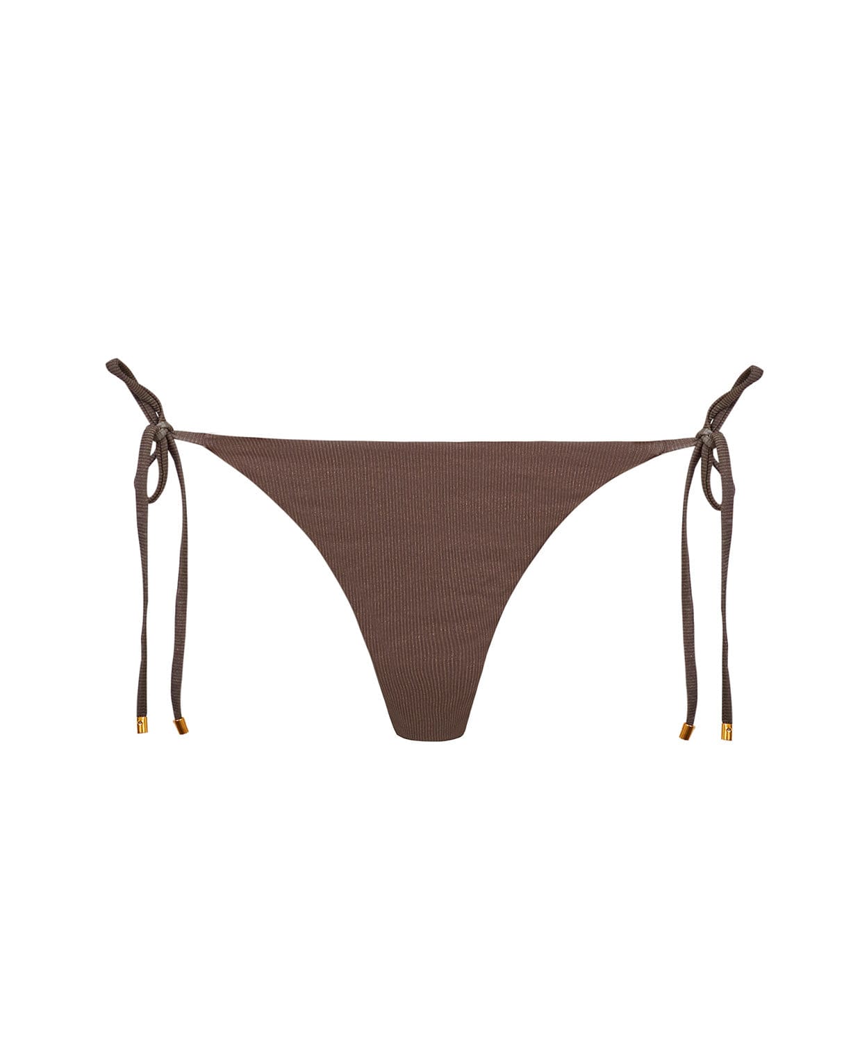 A brown bikini bottom against a white wall.