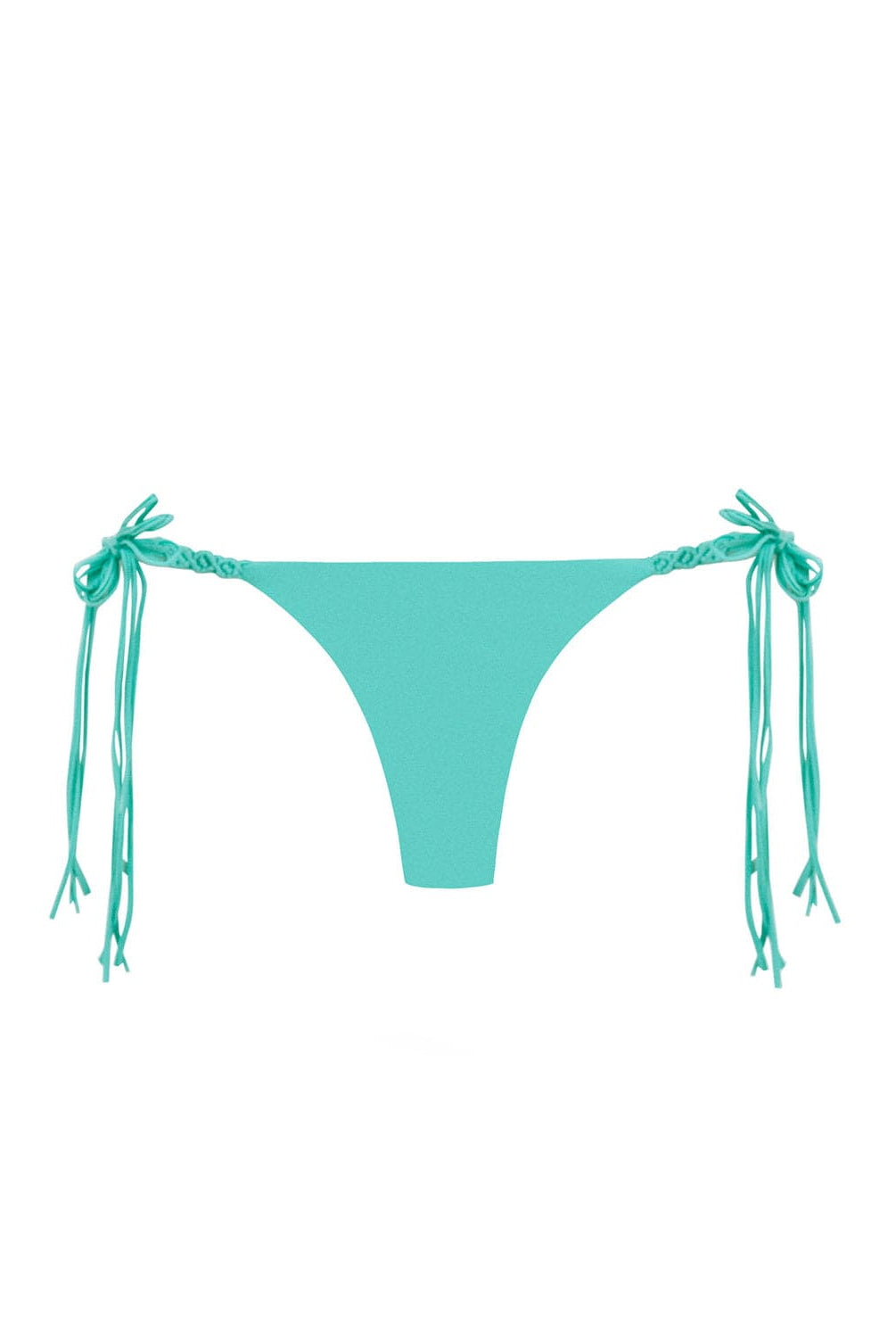 A turquoise bikini bottom against a white wall.