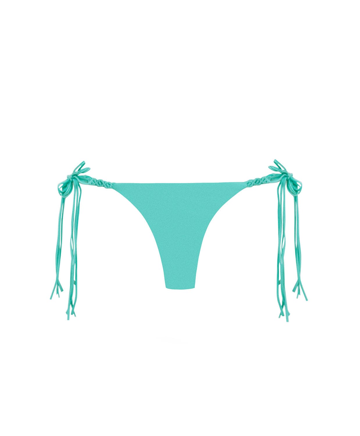 A turquoise bikini bottom against a white wall.