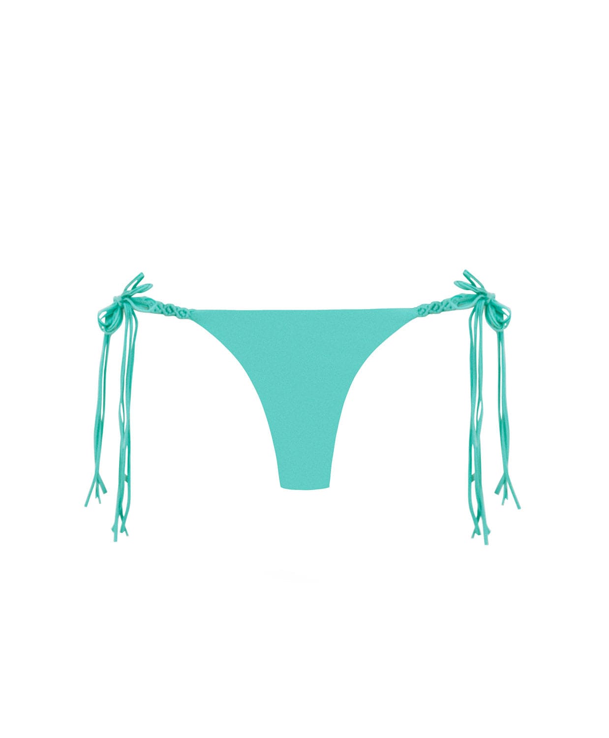 A turquoise bikini bottom against a white wall. 