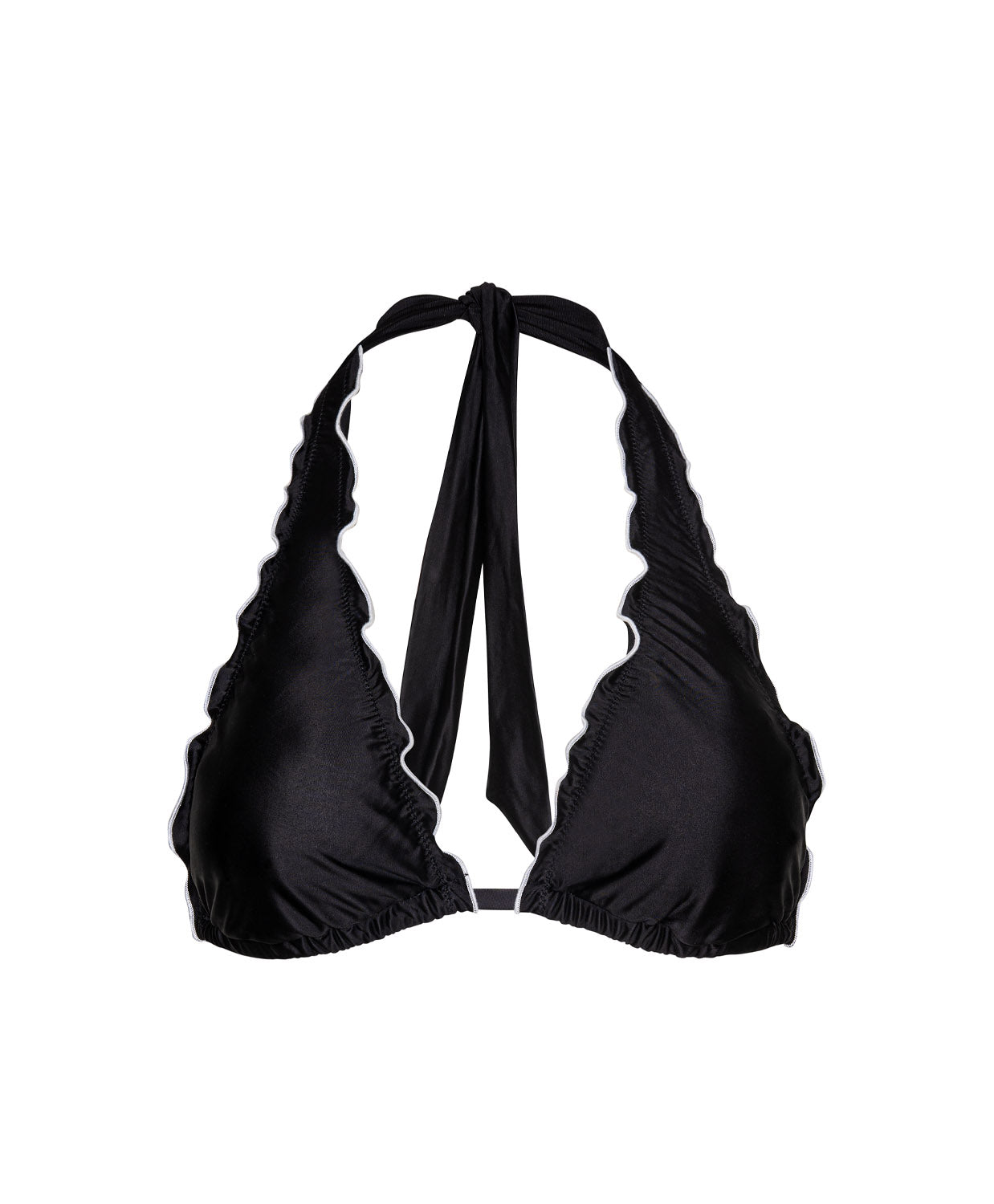 Tux Lettuce Edge Halter Top black satin bikini top with white lettuce-edge trim and adjustable tie halter straps