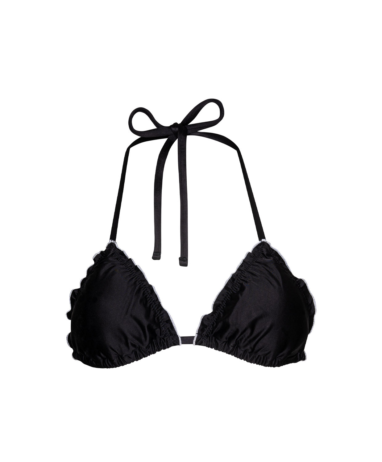 Tux Lettuce Edge Triangle Top black satin bikini with white lettuce-edge trim and crochet tie details