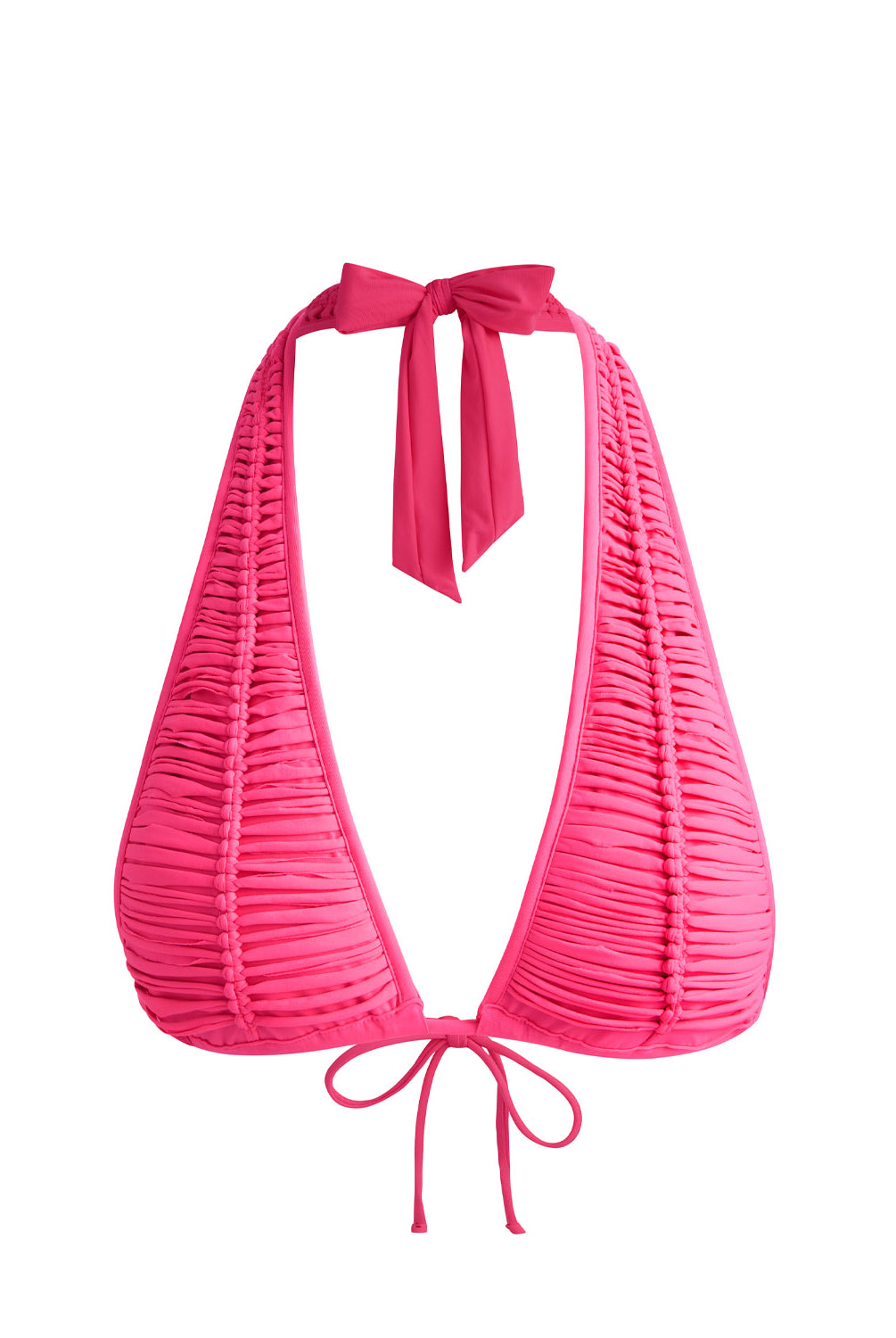 Vivid Pink Macrame Halter Top with intricate knotted detailing and halter neckline