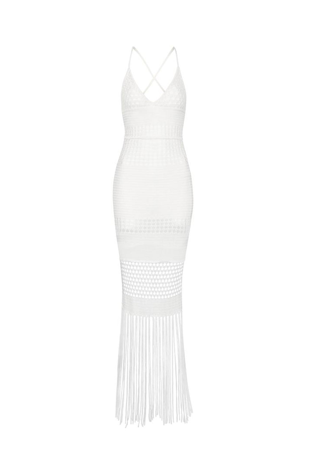 Water Lily Eva Fringe Dress with open-knit crochet and statement fringe