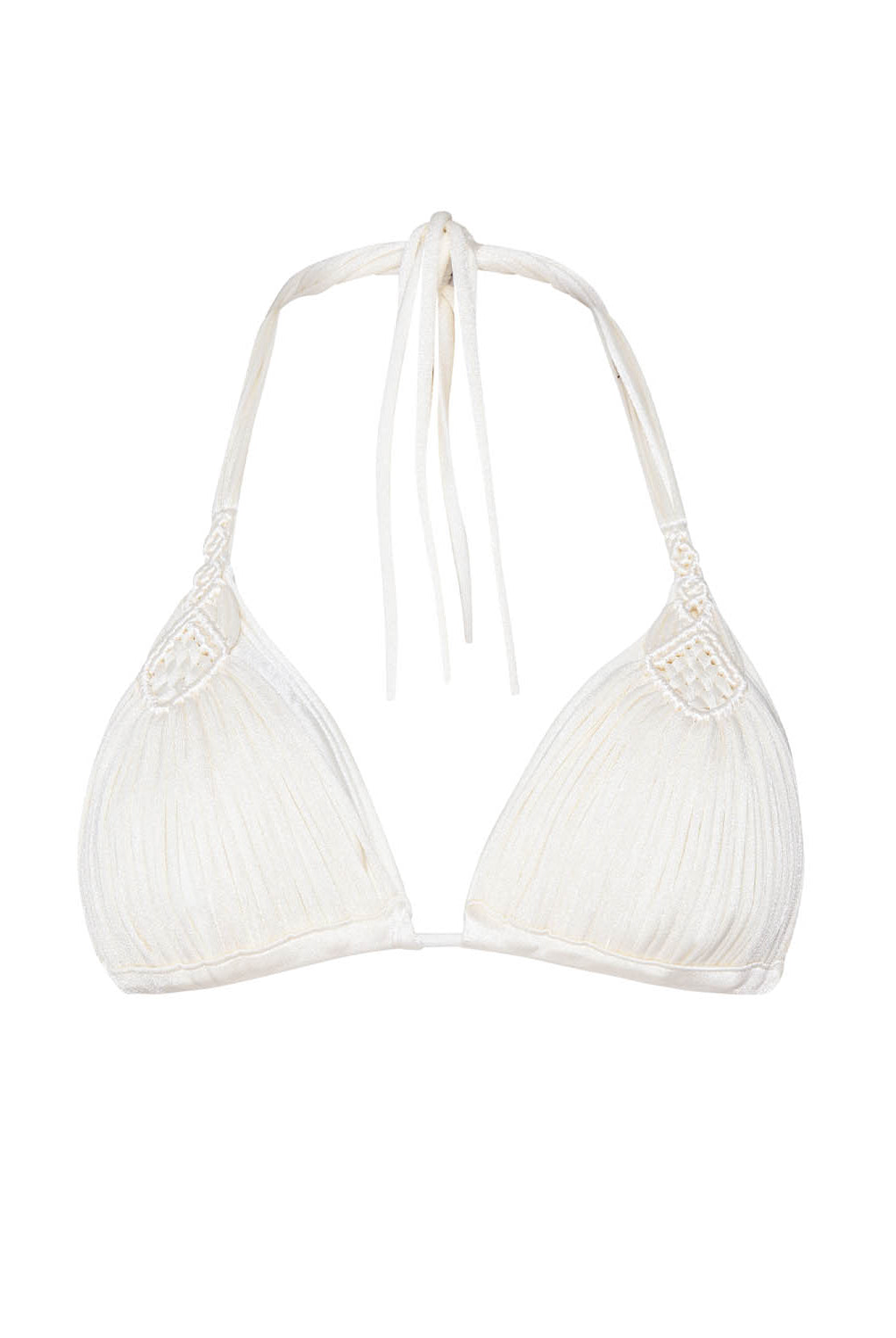 White Isla Macrame triangle bikini top with delicate handwoven detailing