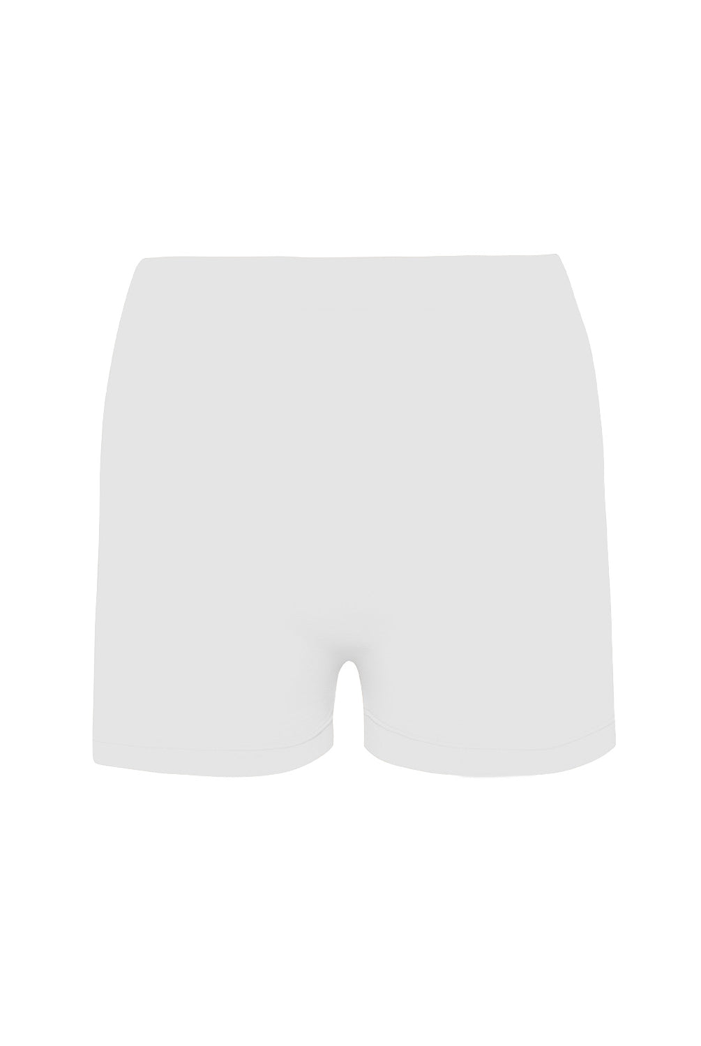 A woman wearing a white bandeau and matching shorts standing against a white wall.