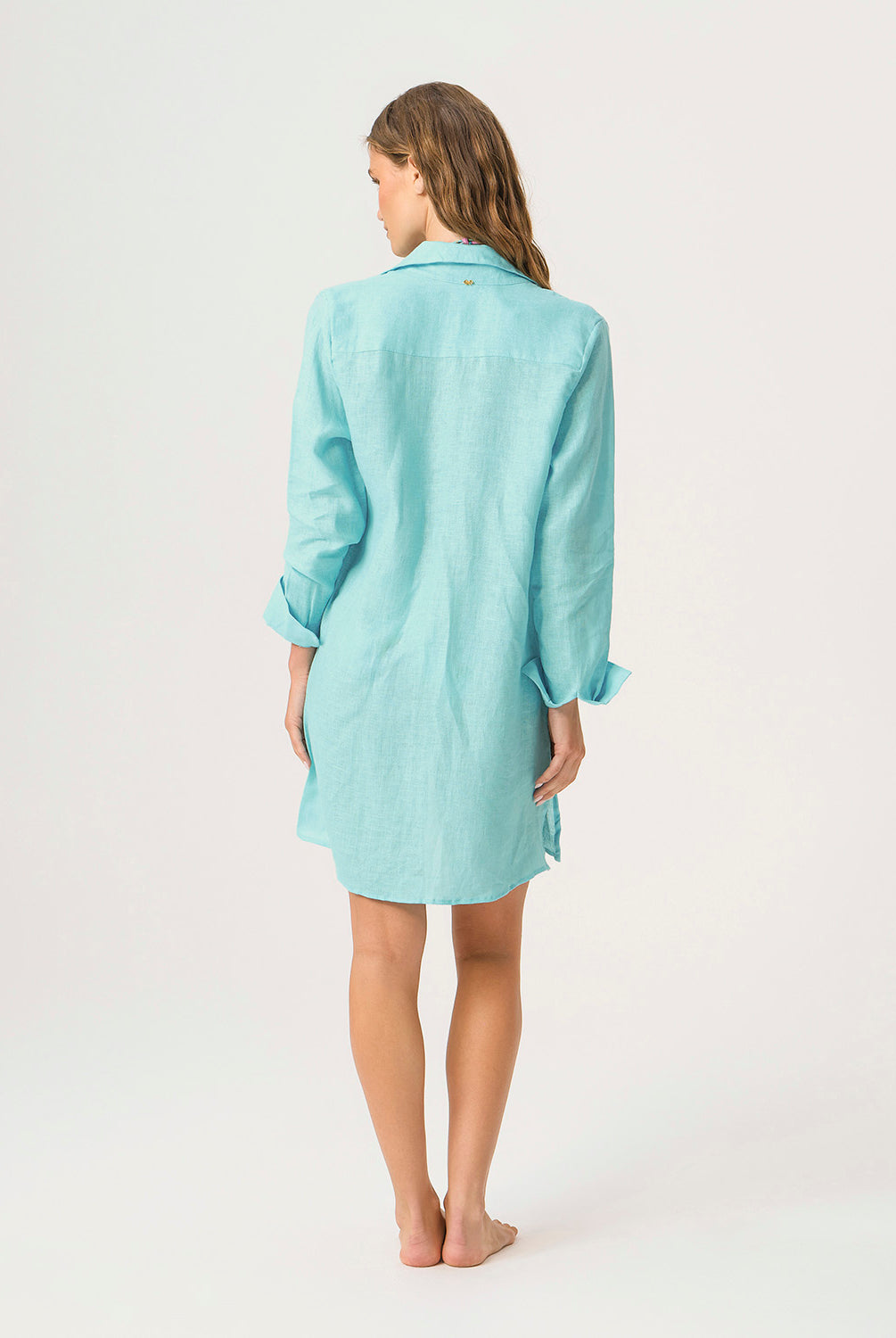Water Millie Tie Cover Up in bright blue linen with tie closure, styled over swimwear