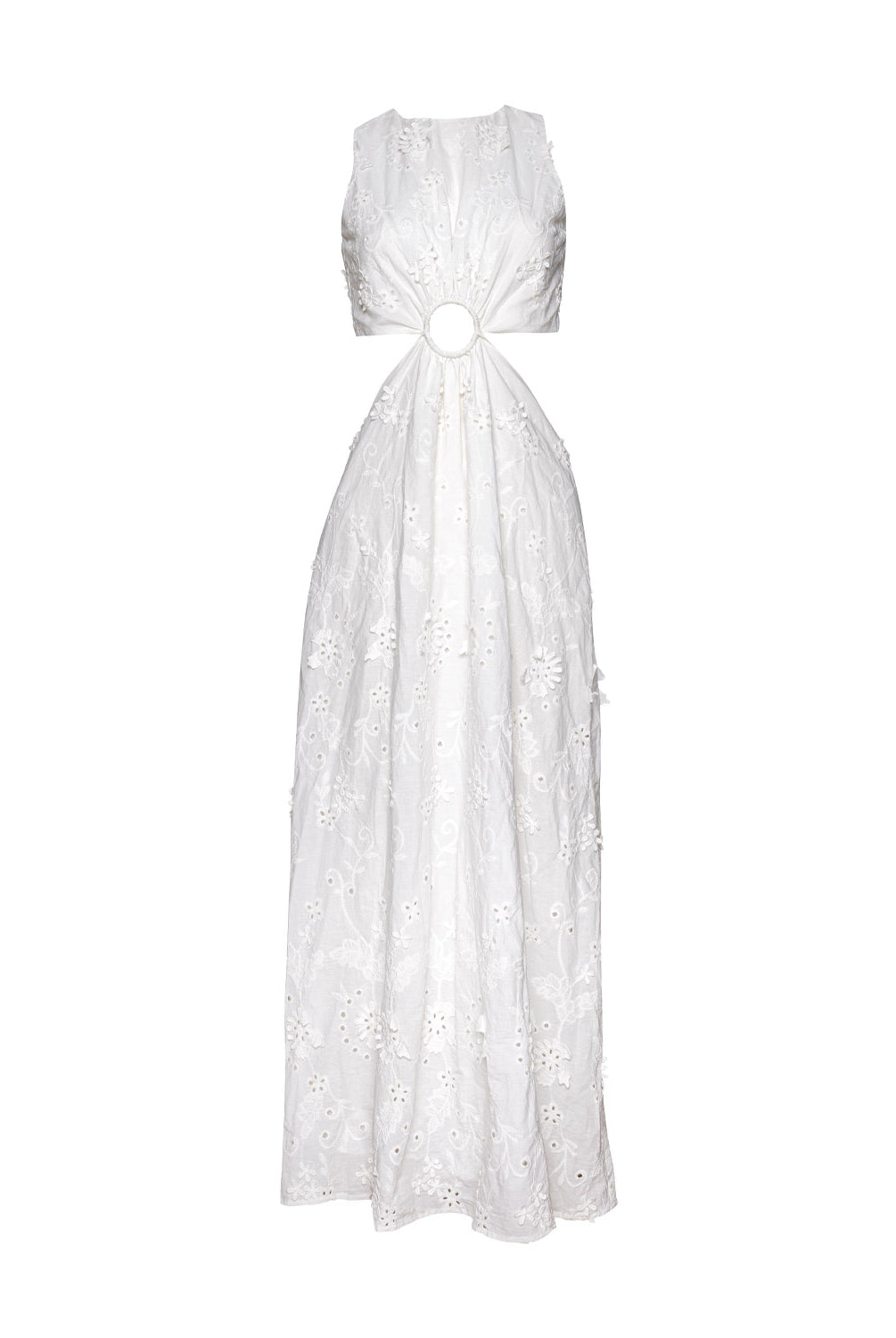 White Sands Tavi Dress in textured white eyelet fabric with center cutout and full-length feminine silhouette