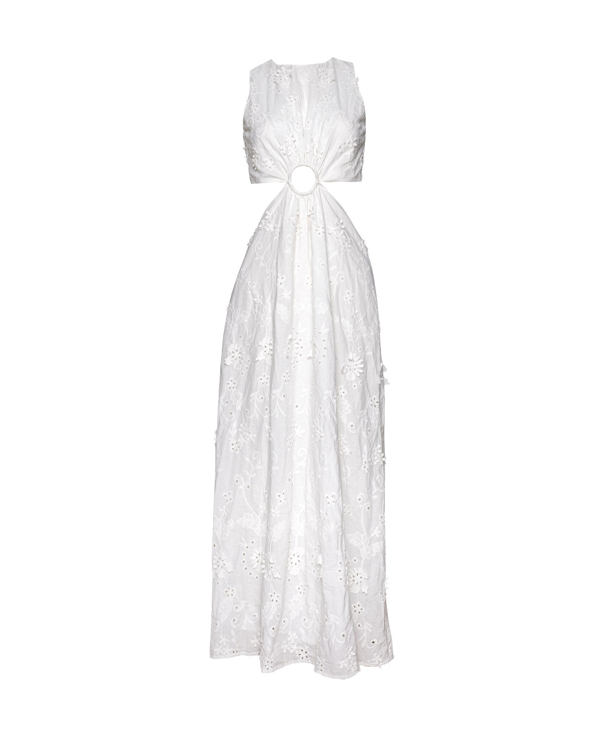 White Sands Tavi Dress in textured white eyelet fabric with center cutout and full-length feminine silhouette