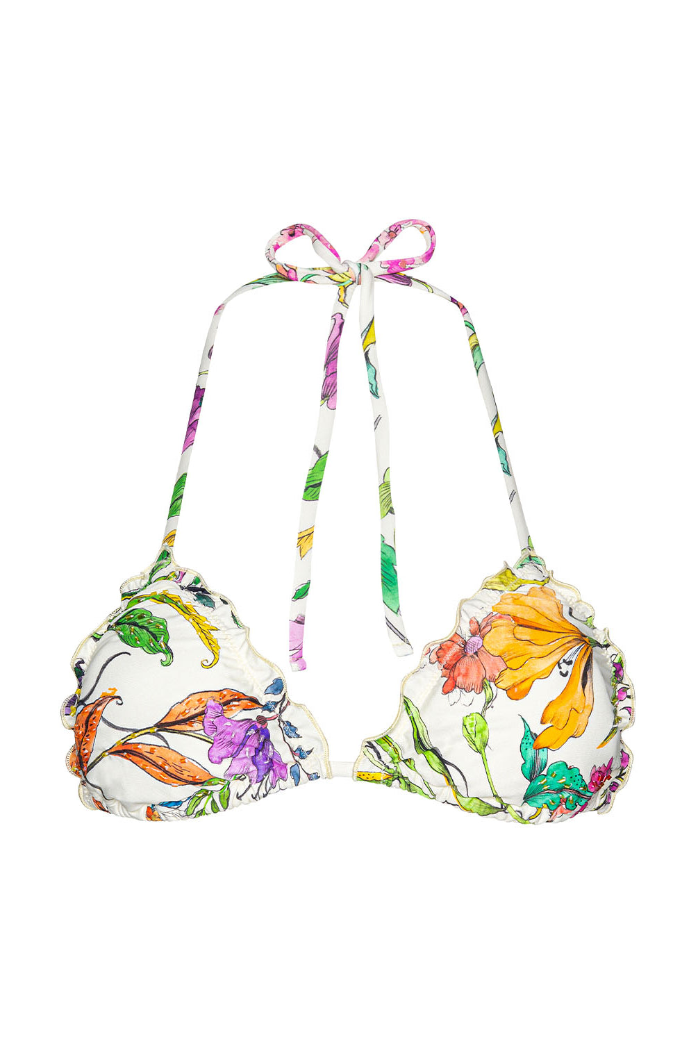Wild Bloom Embroidered Lettuce Edge Triangle Top with hand-beaded floral embroidery and adjustable ties.