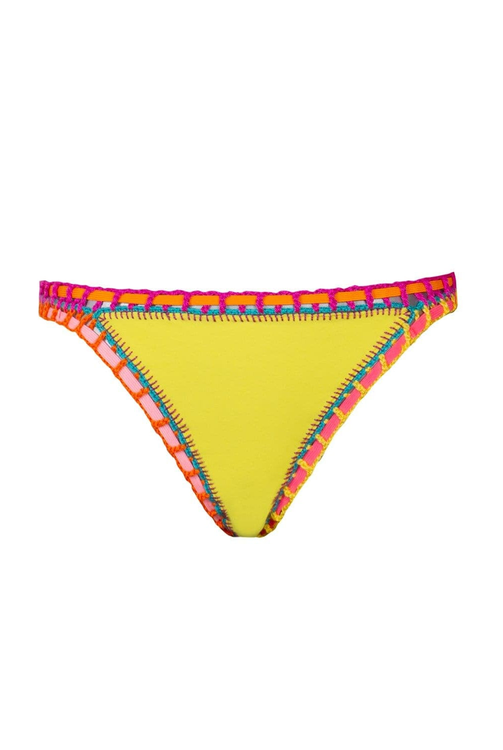 A yellow bikini bottom against a white wall.