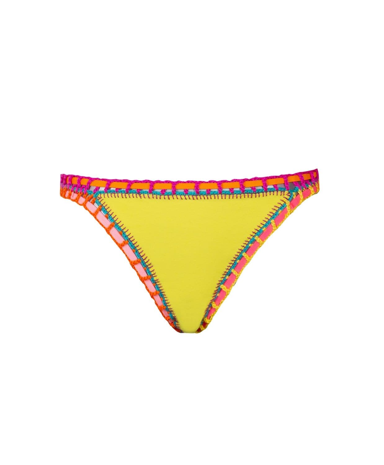 A yellow bikini bottom against a white wall.