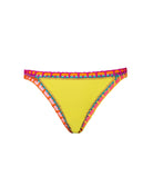 A yellow bikini bottom against a white wall.
