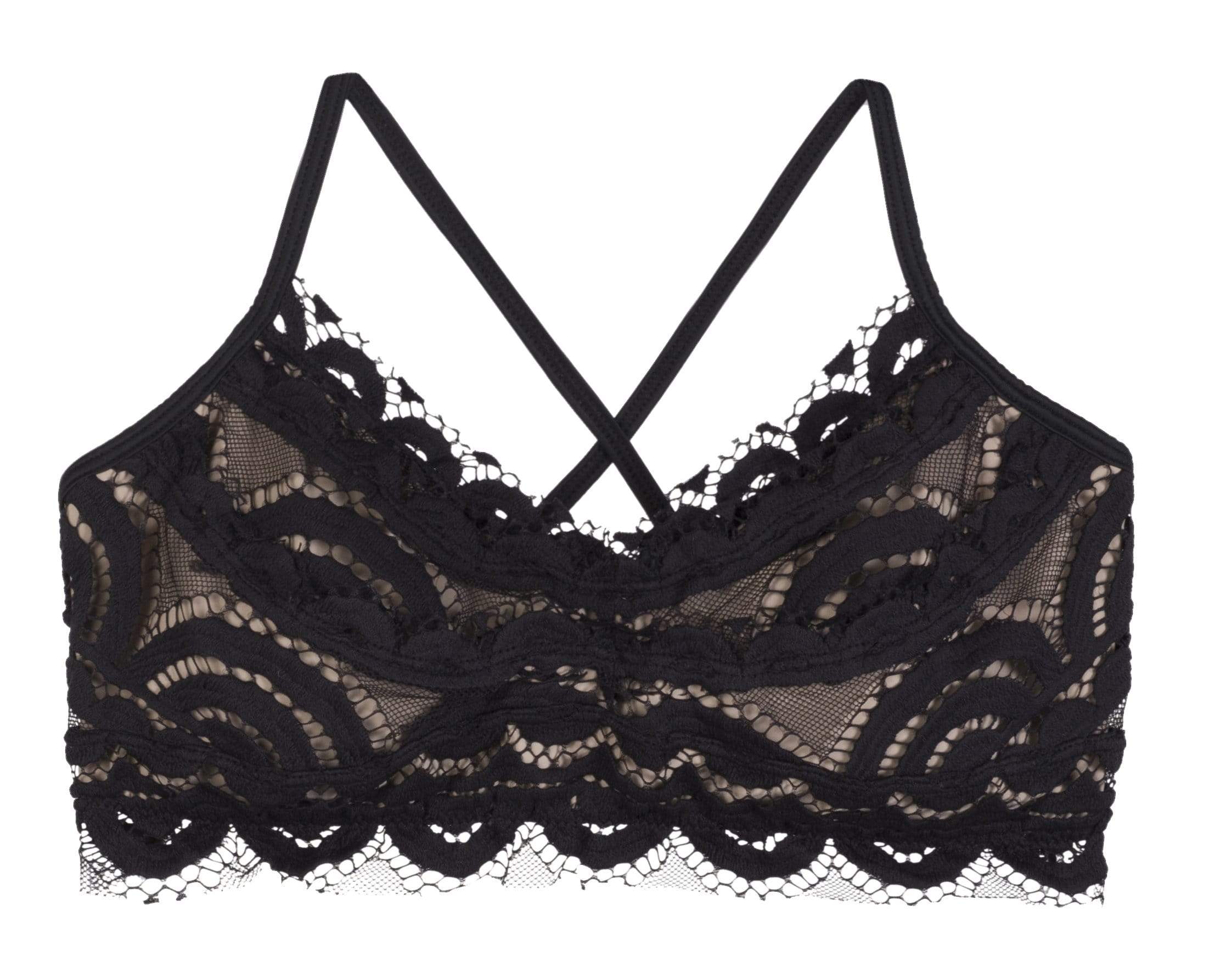 Black lace bralette bikini top in front of white background
