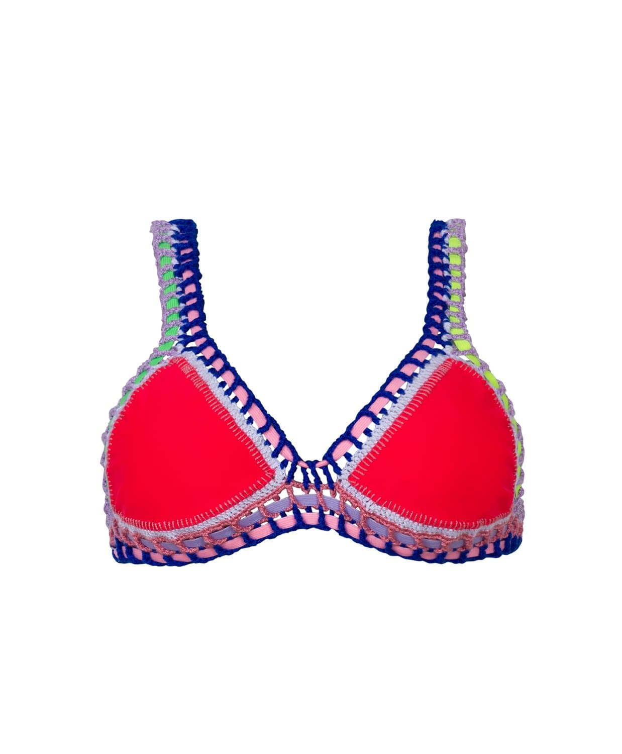 A red bikini top against a white wall.